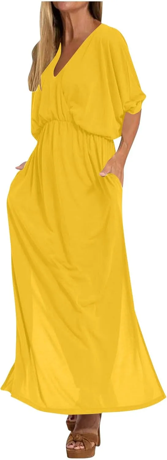 XUNRYAN Women's Summer Boho Maxi Dress Casual V Neck 3/4 Sleeve Wedding Guest Dresses Flowy Side Slit Travel Beach Sundress