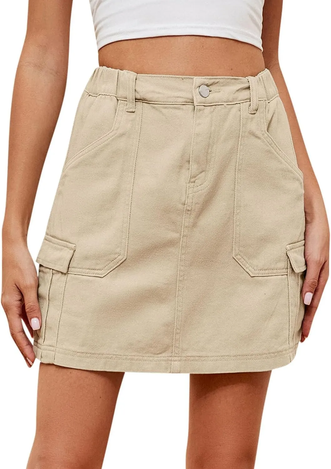Y2k Cargo Denim Skirt for Womens 2024 High Waisted A Line Short Jean Skirt Elastic Waist Mini Skirt with Pockets