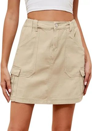 Y2k Cargo Denim Skirt for Womens 2024 High Waisted A Line Short Jean Skirt Elastic Waist Mini Skirt with Pockets