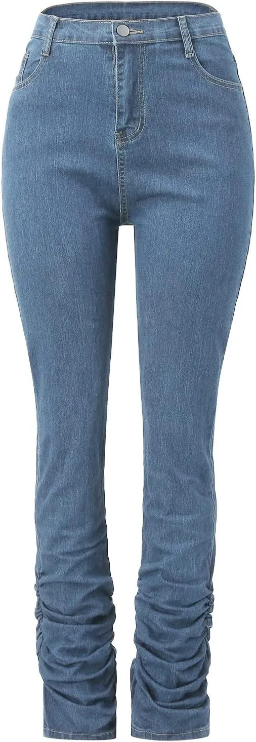 Y2K High Waisted Stacked Jeans for Women Ruched Long Pants Casual Stretchy Skinny Straight Leg Denim Trousers Camo Streetwear