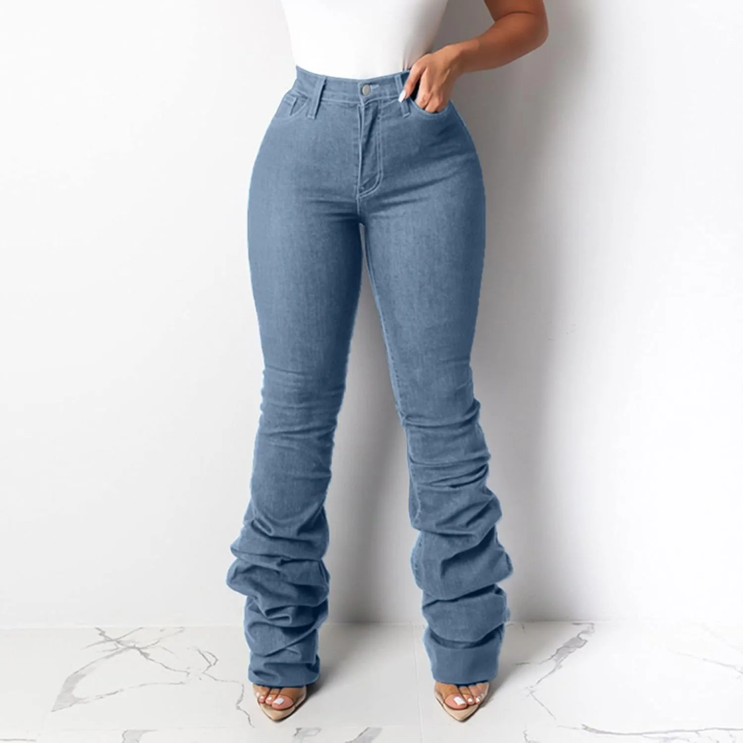 Y2K High Waisted Stacked Jeans for Women Ruched Long Pants Casual Stretchy Skinny Straight Leg Denim Trousers Camo Streetwear