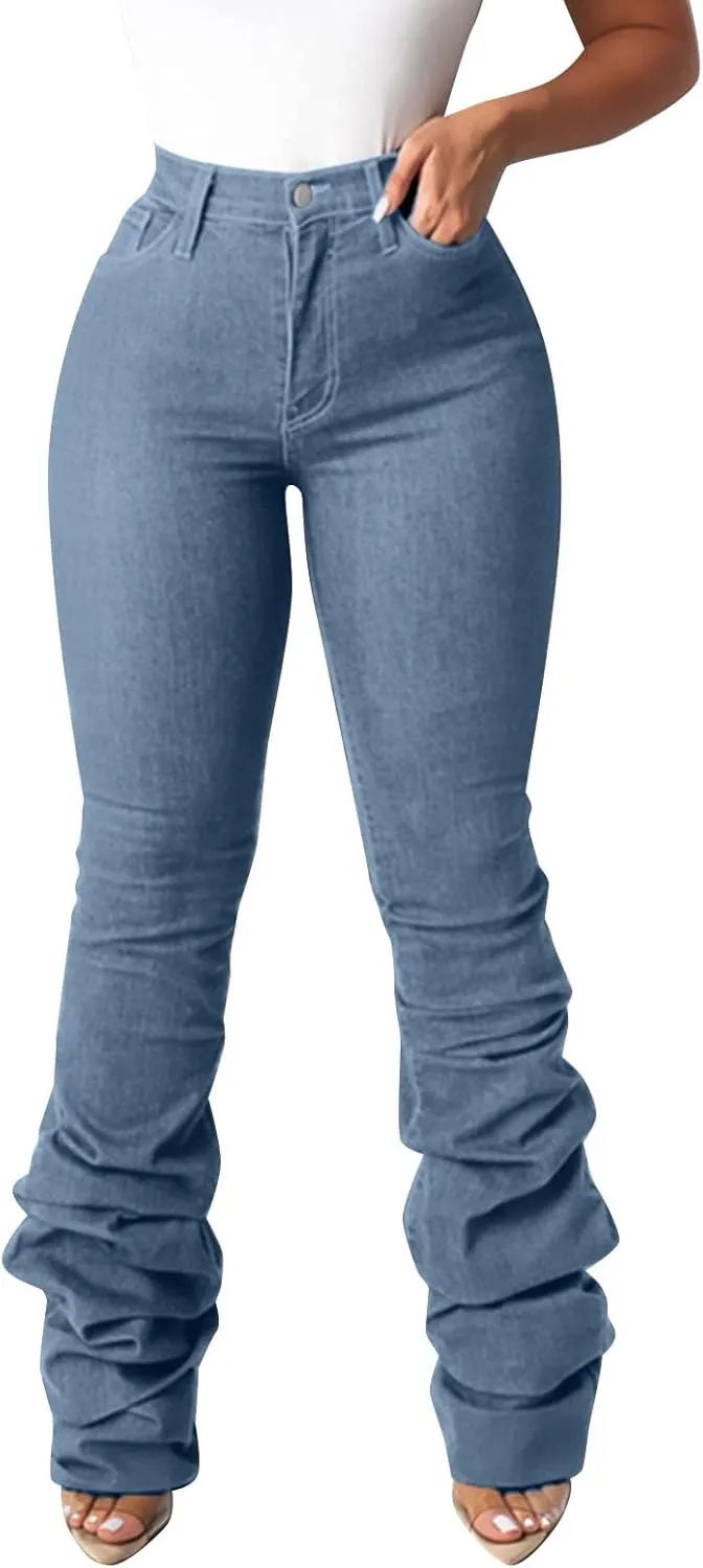 Y2K High Waisted Stacked Jeans for Women Ruched Long Pants Casual Stretchy Skinny Straight Leg Denim Trousers Camo Streetwear