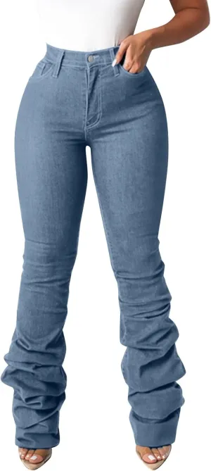 Y2K High Waisted Stacked Jeans for Women Ruched Long Pants Casual Stretchy Skinny Straight Leg Denim Trousers Camo Streetwear