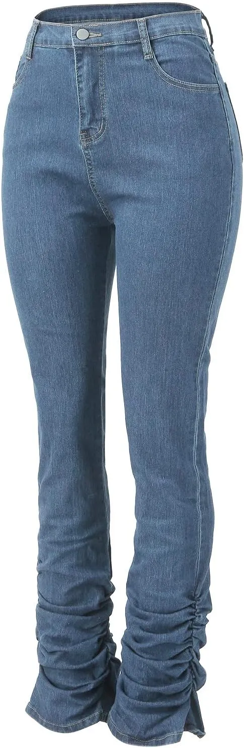 Y2K High Waisted Stacked Jeans for Women Ruched Long Pants Casual Stretchy Skinny Straight Leg Denim Trousers Camo Streetwear