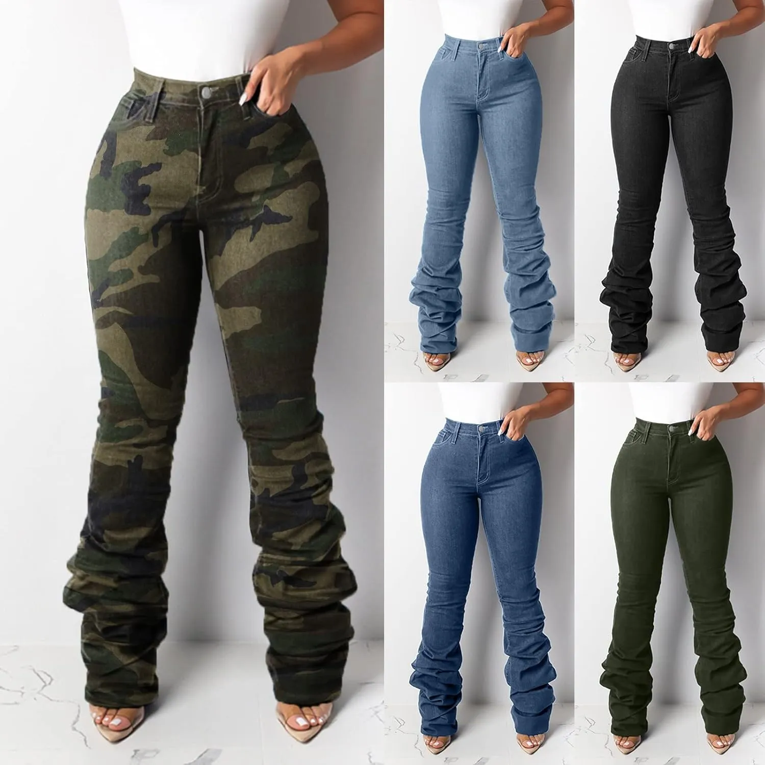 Y2K High Waisted Stacked Jeans for Women Ruched Long Pants Casual Stretchy Skinny Straight Leg Denim Trousers Camo Streetwear