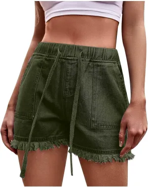 ZDRZK High Waisted Denim Shorts for Women 2023 Summer Drawstring Jeans Straight Leg Raw Hem Jean Shorts with Pockets