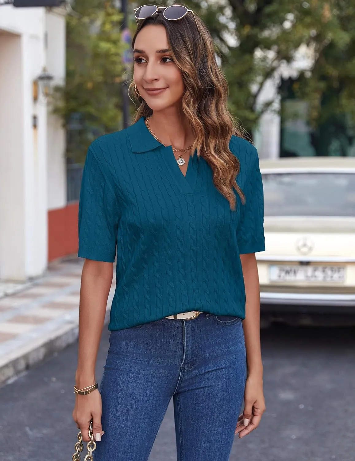 Zeagoo Women Short Sleeve Sweater Pullover Polo Tops V Neck Knit Casual Soft Pullover Shirt