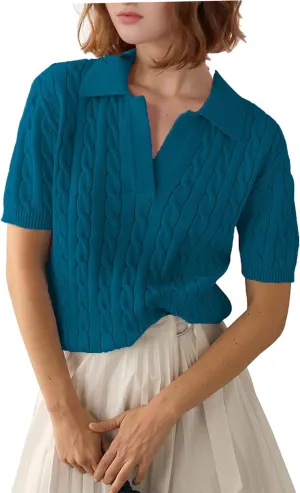 Zeagoo Women Short Sleeve Sweater Pullover Polo Tops V Neck Knit Casual Soft Pullover Shirt