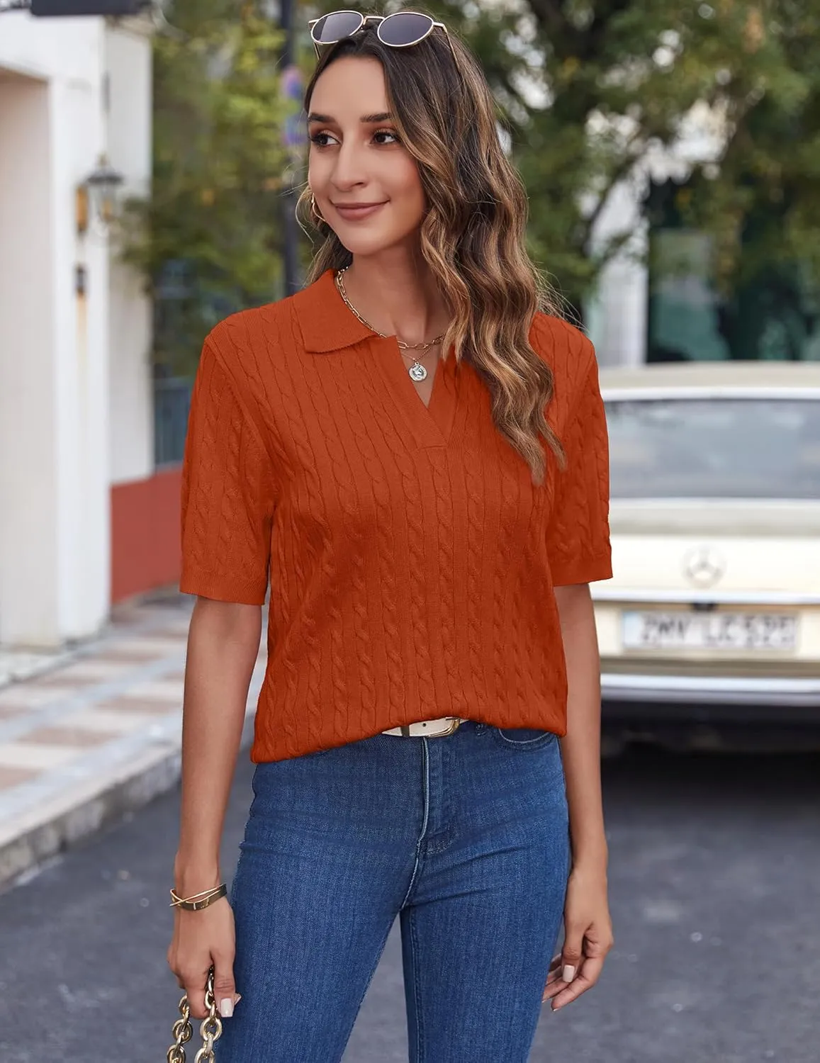 Zeagoo Women Short Sleeve Sweater Pullover Polo Tops V Neck Knit Casual Soft Pullover Shirt